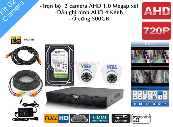Trọn bộ 2 Camera AHD Vega - Đầu ghi hình AHD 4 Kênh