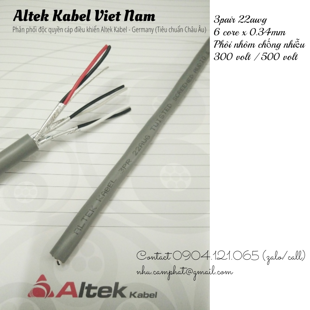 C&aacute;p t&iacute;n hiệu vặn xoắn ph&ocirc;i nh&ocirc;m 3pair 22awg (6 l&otilde;i x 0.34mm / 0.33mm) Altek Kabel